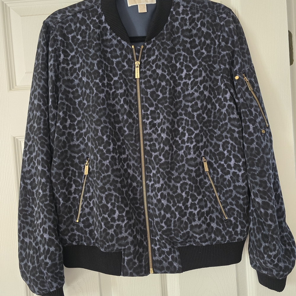 Michael Kors Black Leopard Print Jacket with Gold Zipper